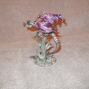 Pewter Dragon Iridescent 2 Headed Serpent Heart Crystal Winged Fantasy Figurine